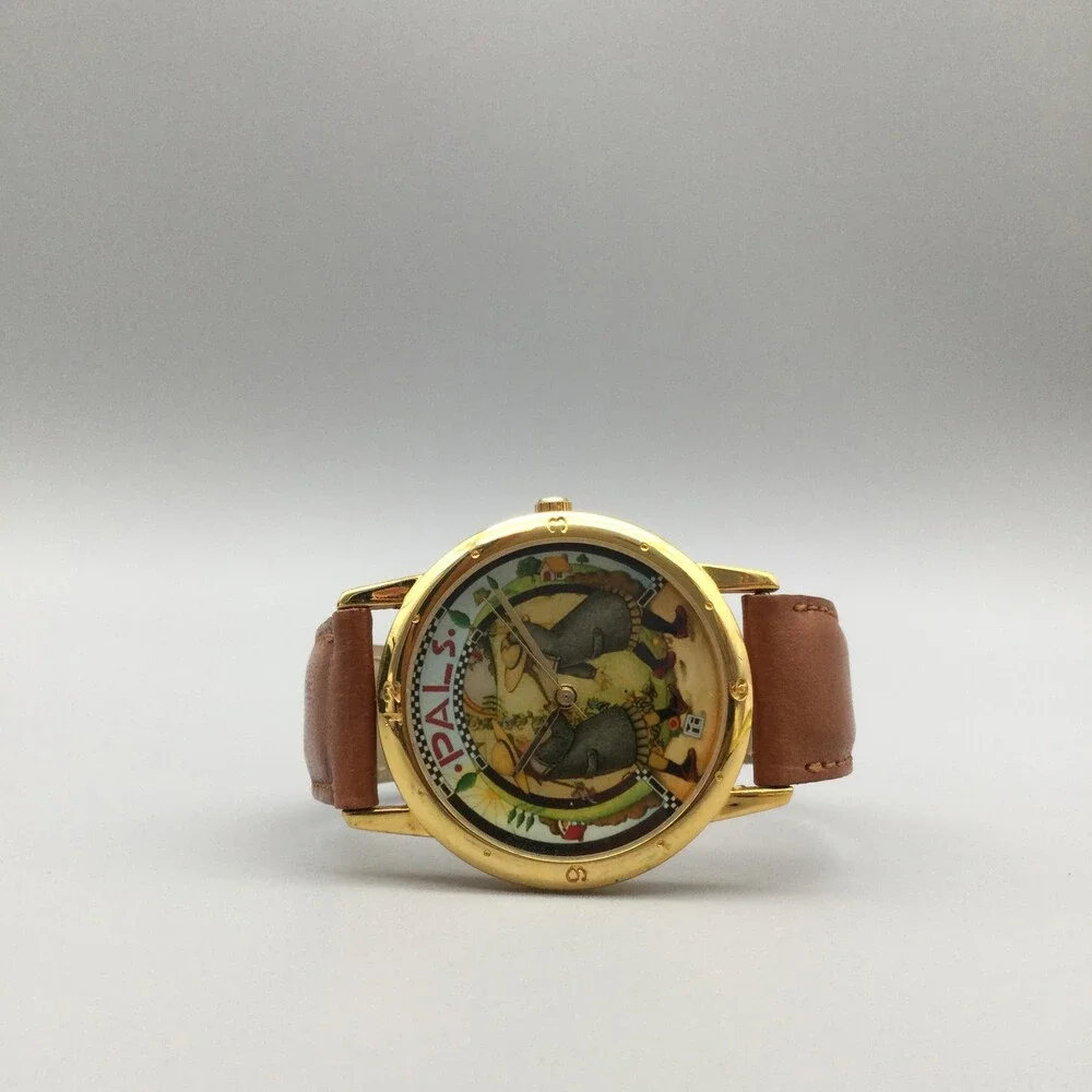 Mary Engelbreit Pals Womens Watch 34mm Gold Tone Brown Leather Band New Battery